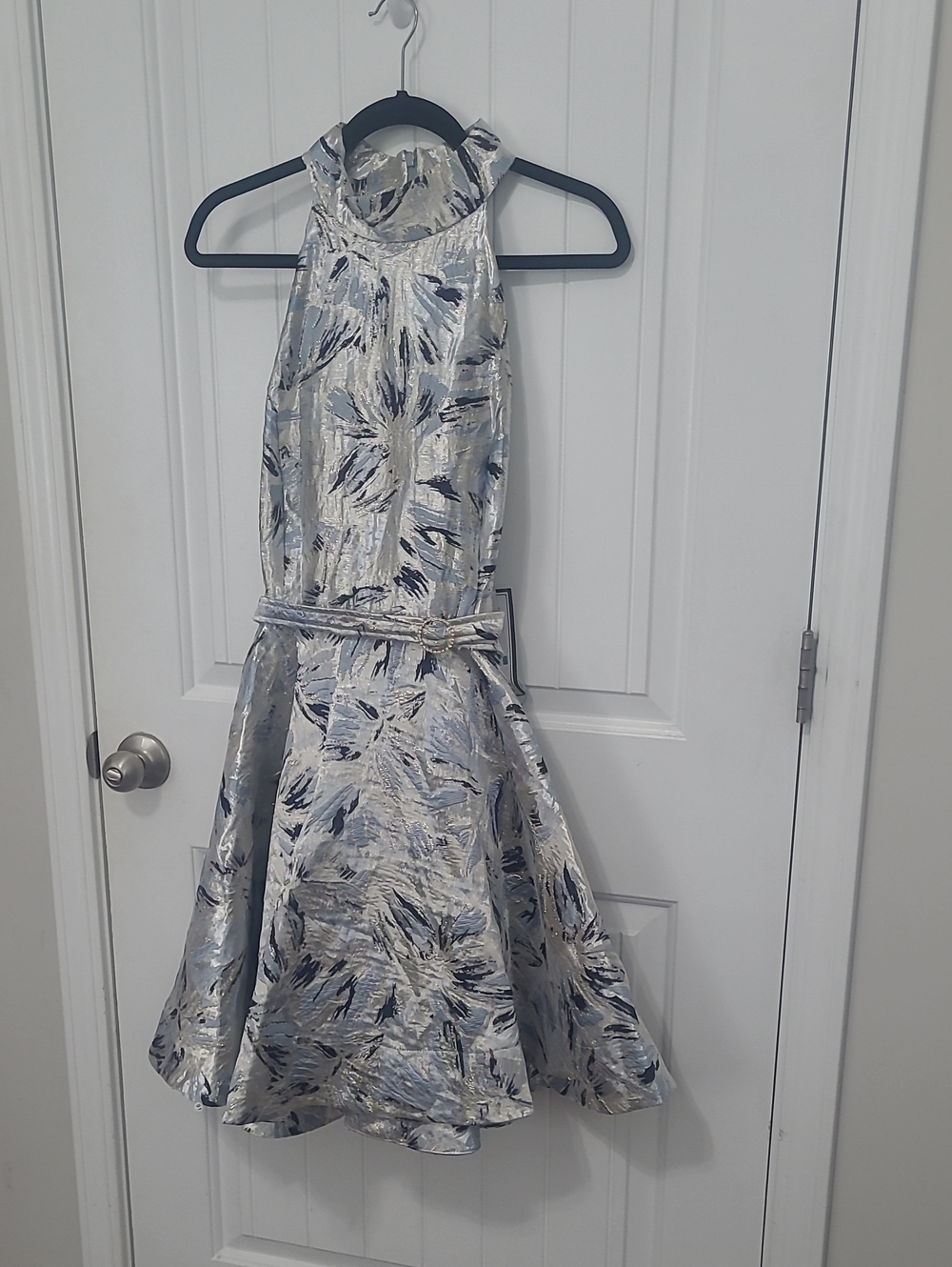 Taylor Silver and Navy Halter Midi Dress